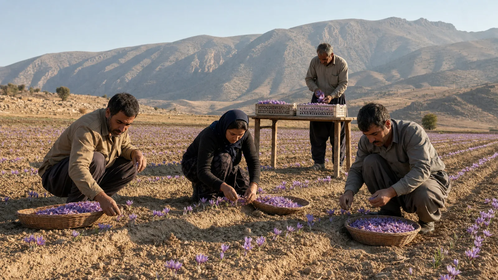 Workers harvesting saffron flowers in Lorestan