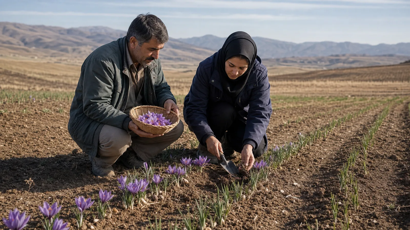 Grower and extension adviser inspecting a Zanjan saffron field