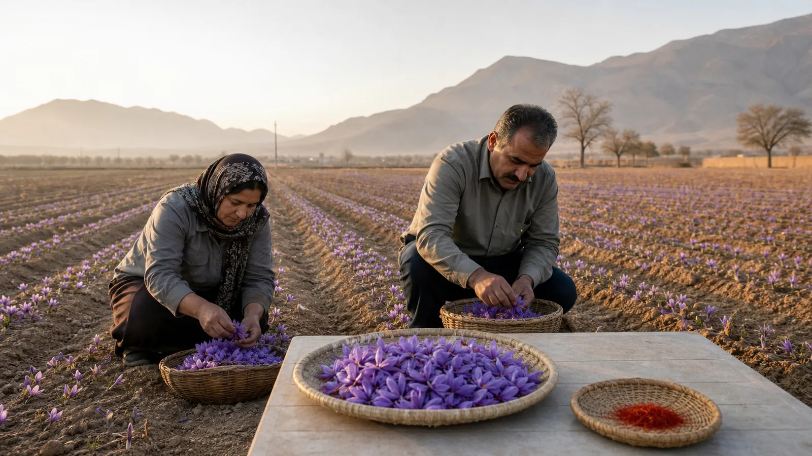 Growers harvesting saffron flowers near Kashan