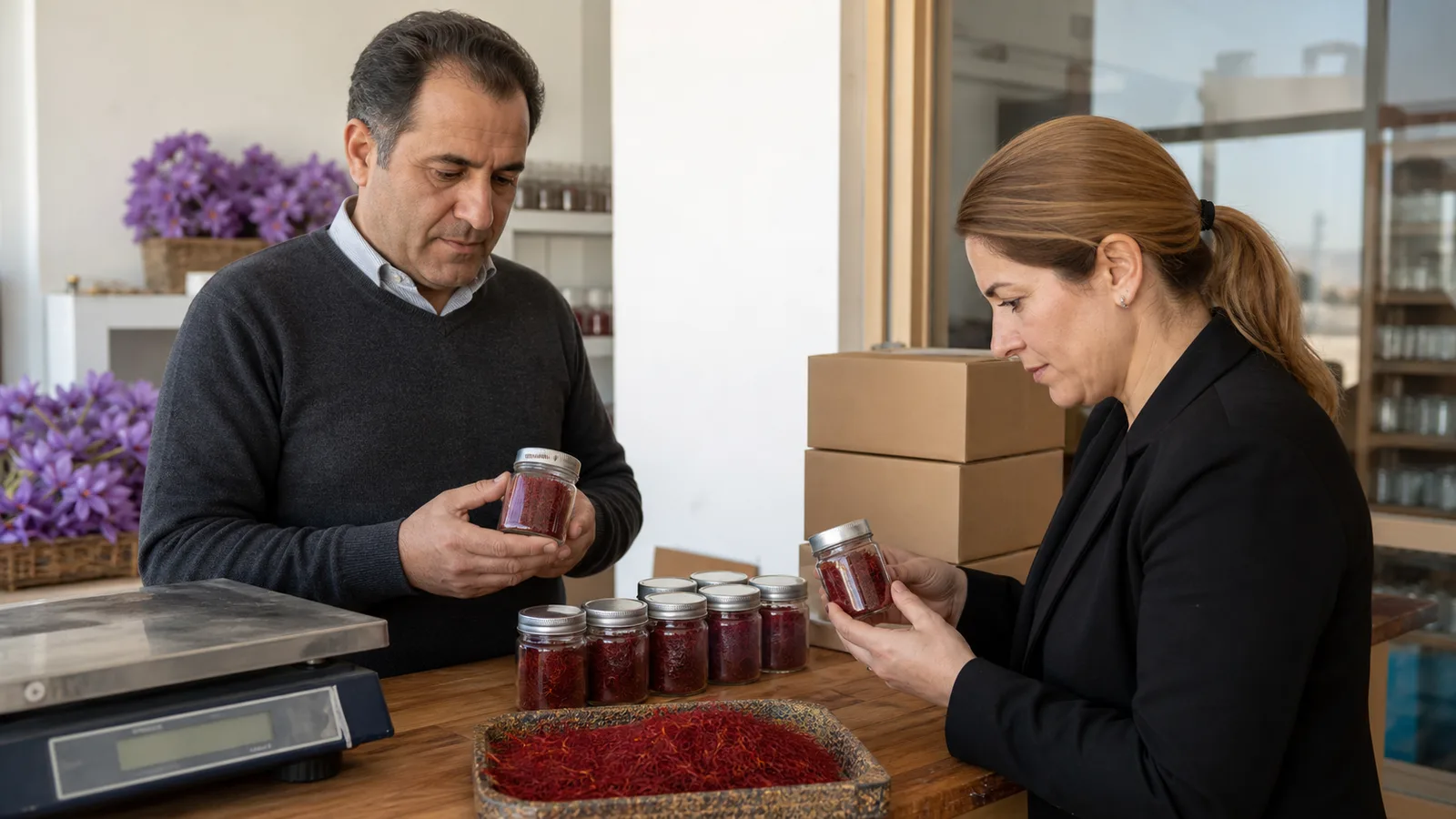 A saffron producer and buyer inspect thread samples in a wholesale workspace