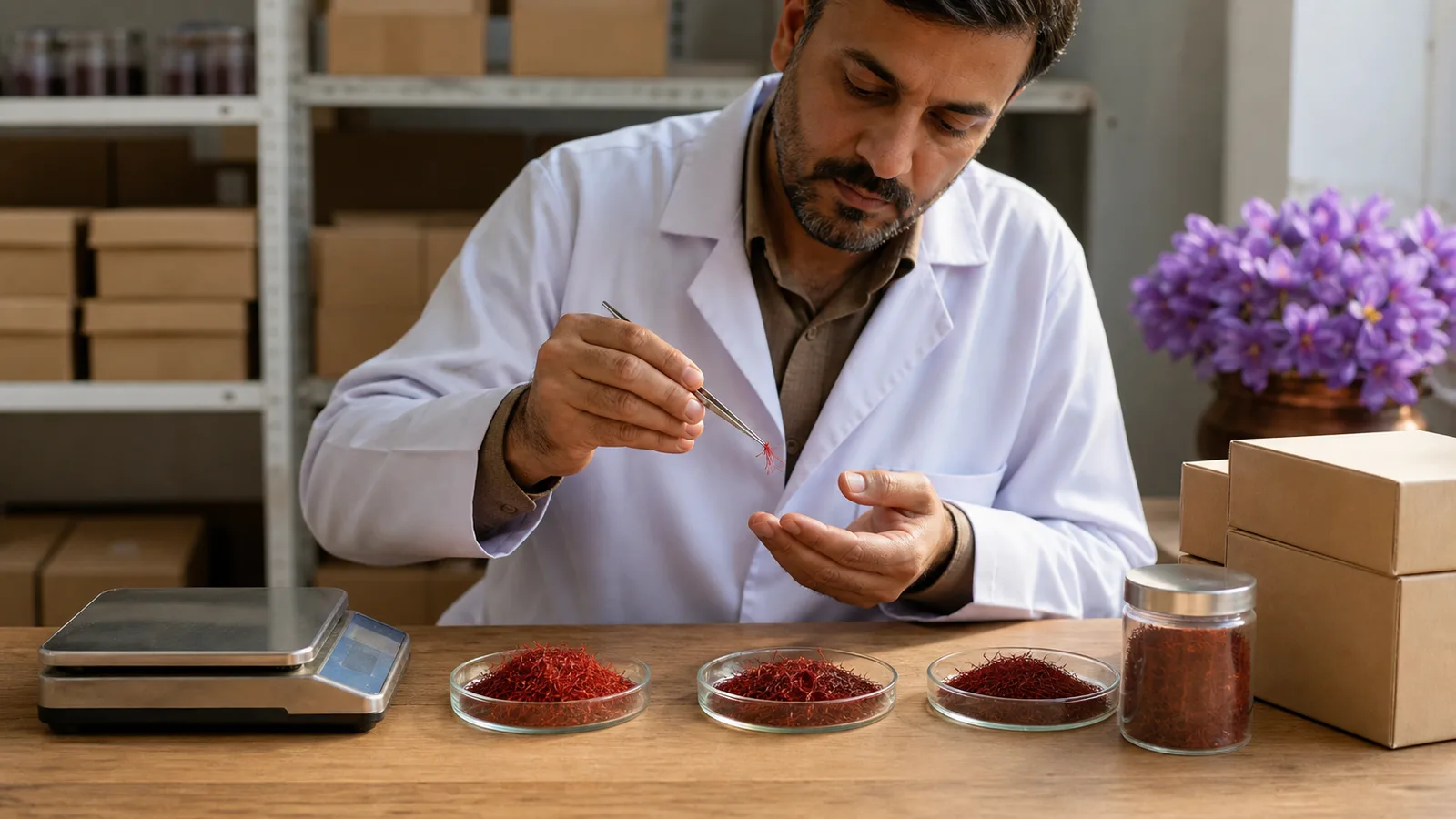 A saffron specialist compares Iranian thread samples for quality and value
