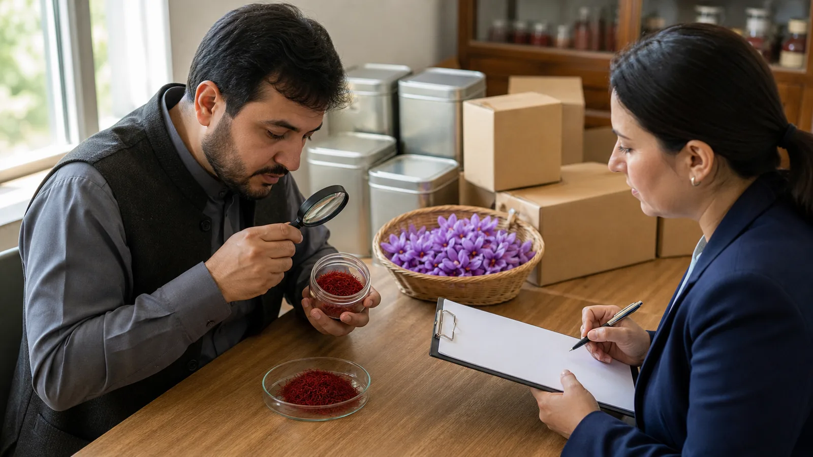 A saffron trader and buyer inspect thread quality beside stored inventory