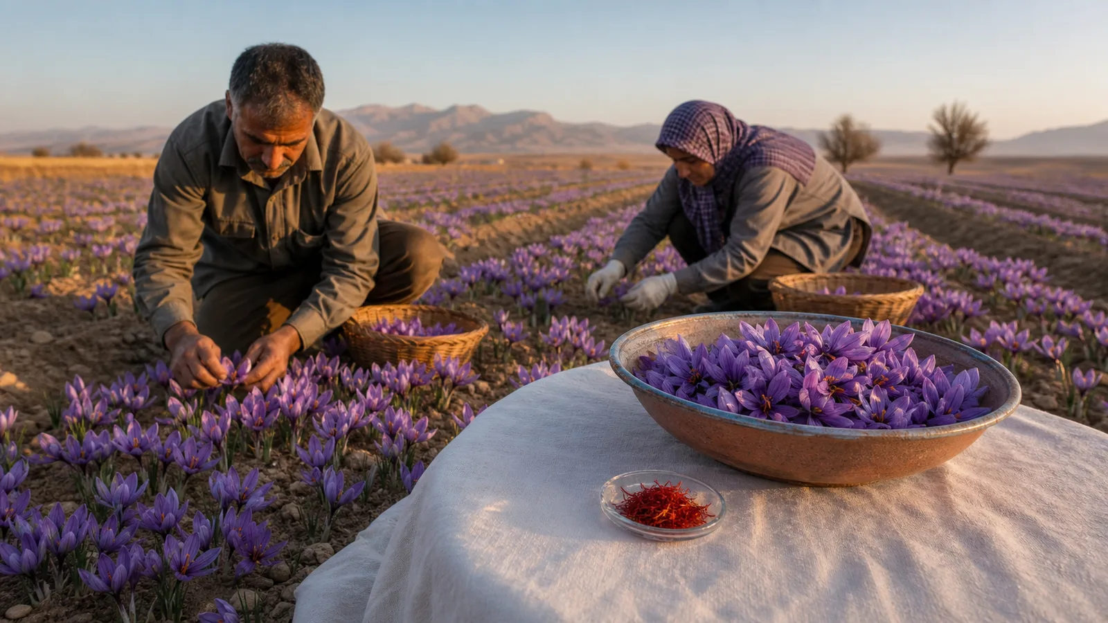 Two growers hand-harvest purple saffron crocus flowers in an Iranian field
