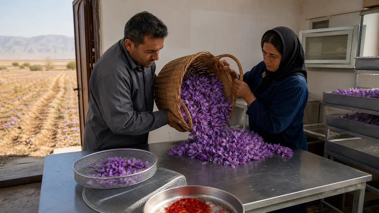 Two workers sort fresh saffron crocus flowers beside clean sieves and drying trays
