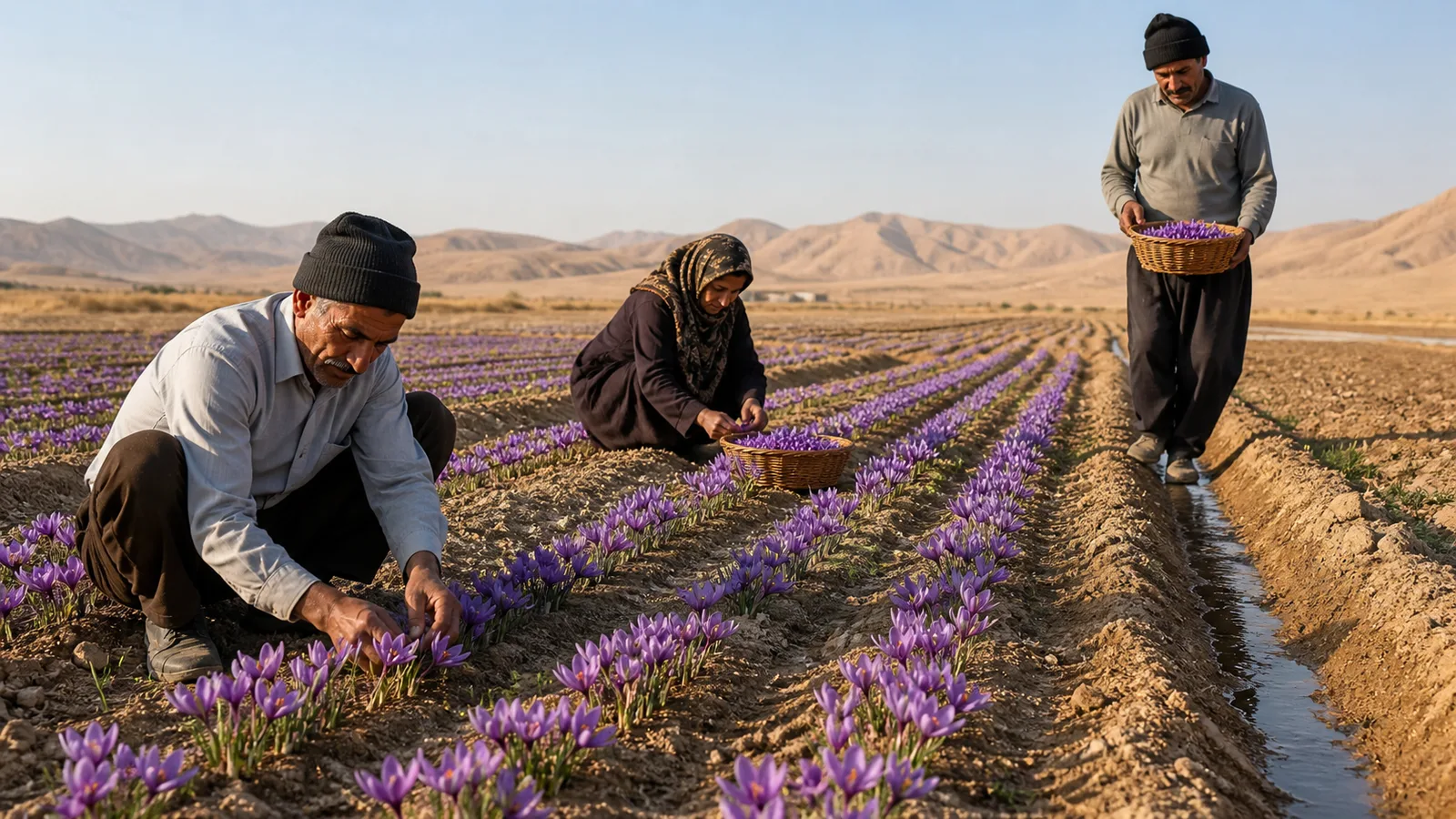 Three growers hand-harvest saffron crocus flowers in dry Yazd farmland