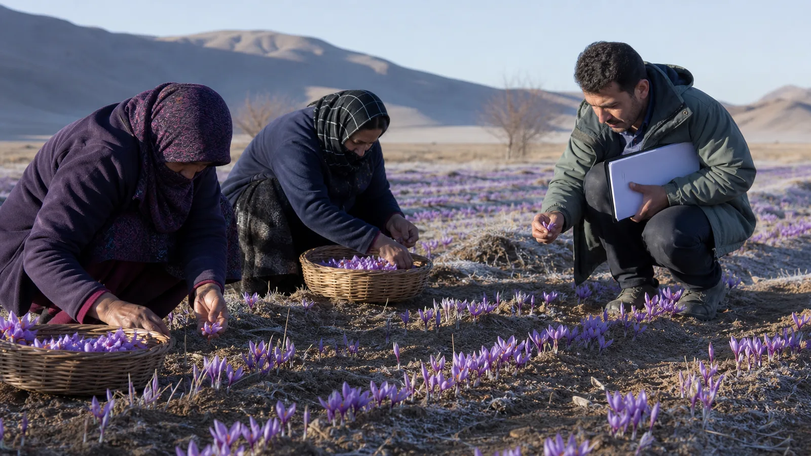 North Khorasan growers and a field technician inspect saffron during a cool harvest morning