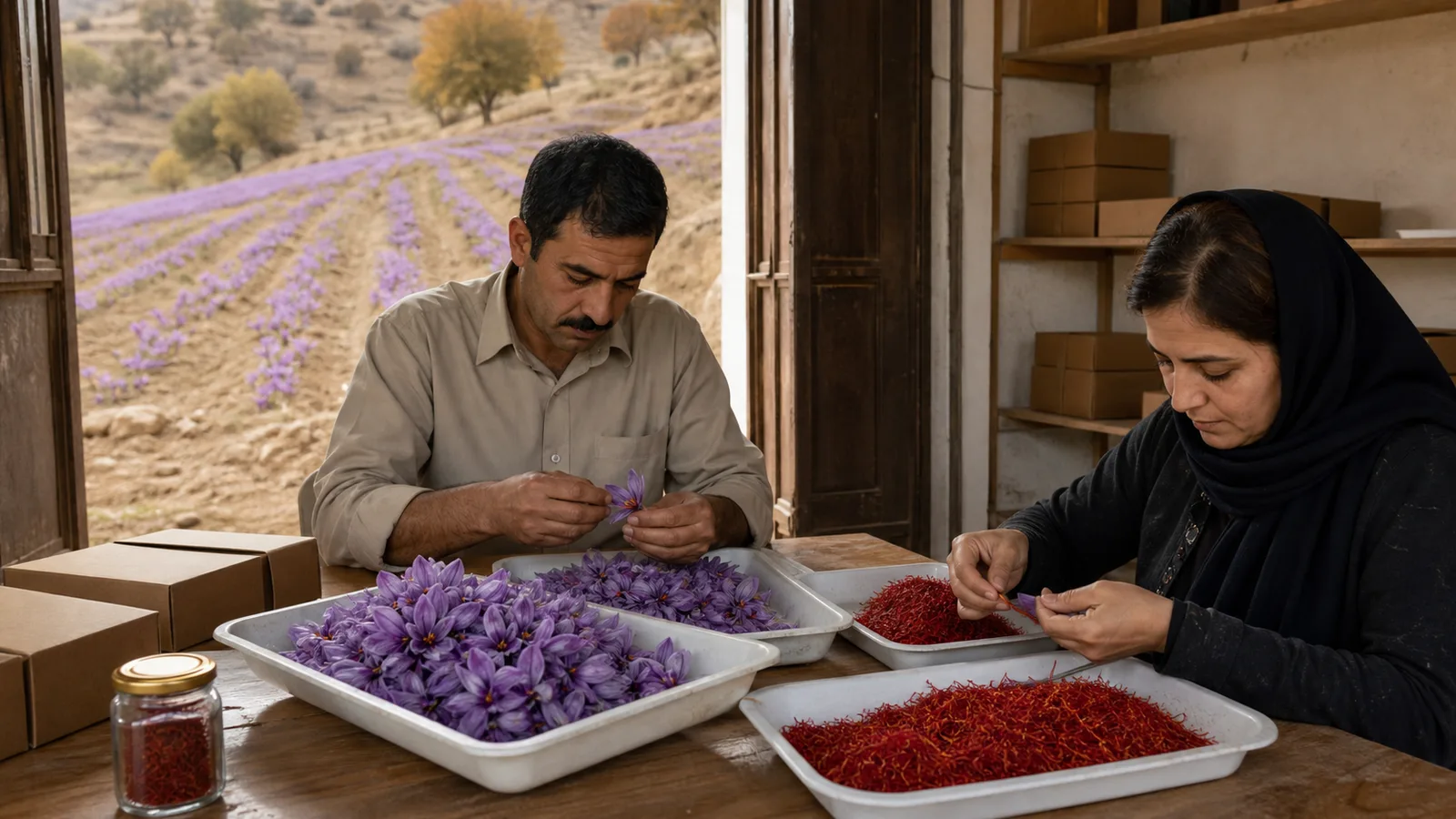Two Lorestan workers separate saffron stigmas beside a hillside crocus field