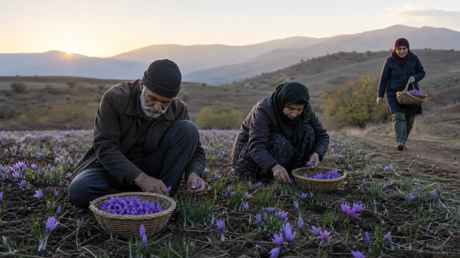 Three growers hand-pick saffron crocus flowers on Namin highland foothills at dawn