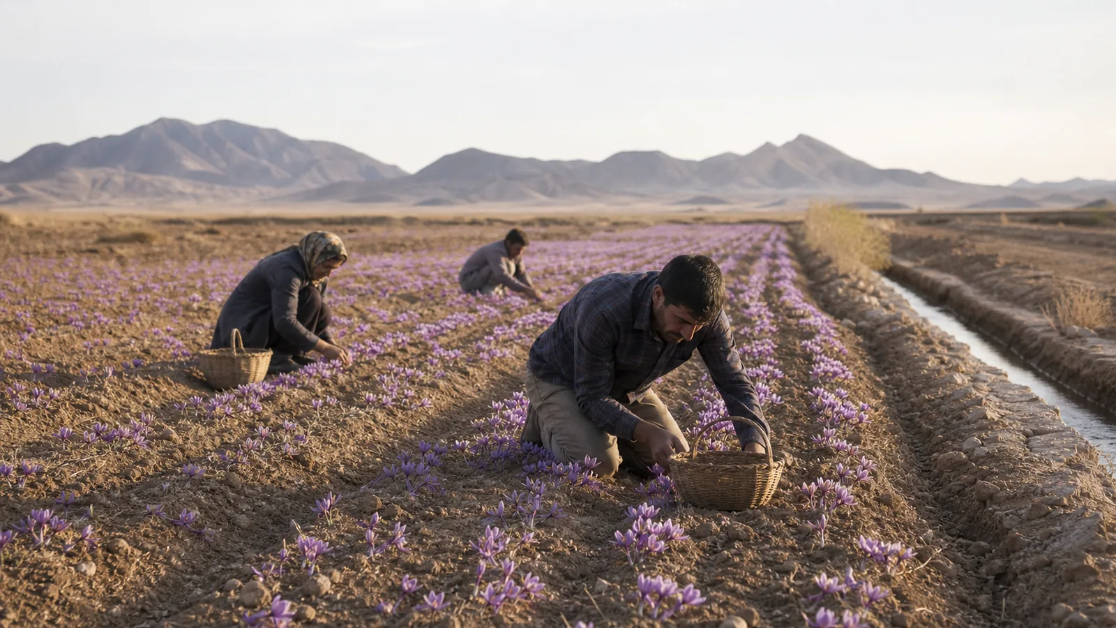 Workers harvesting saffron flowers in a dry Sabzevar field