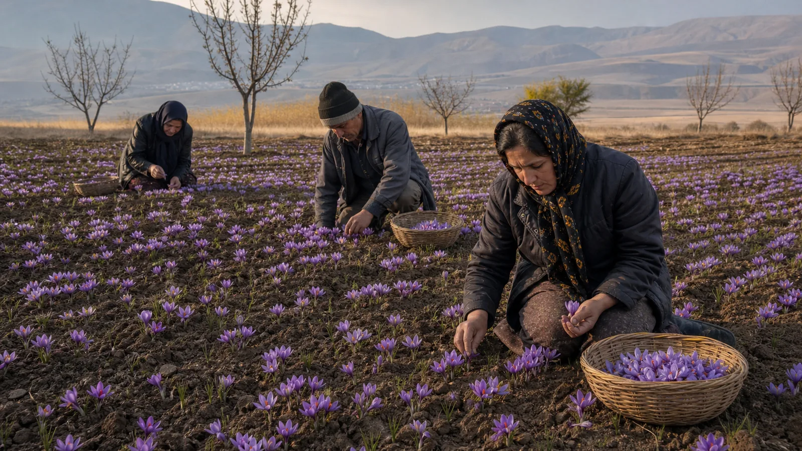 Saffron growers gathering purple crocus flowers in Hamedan