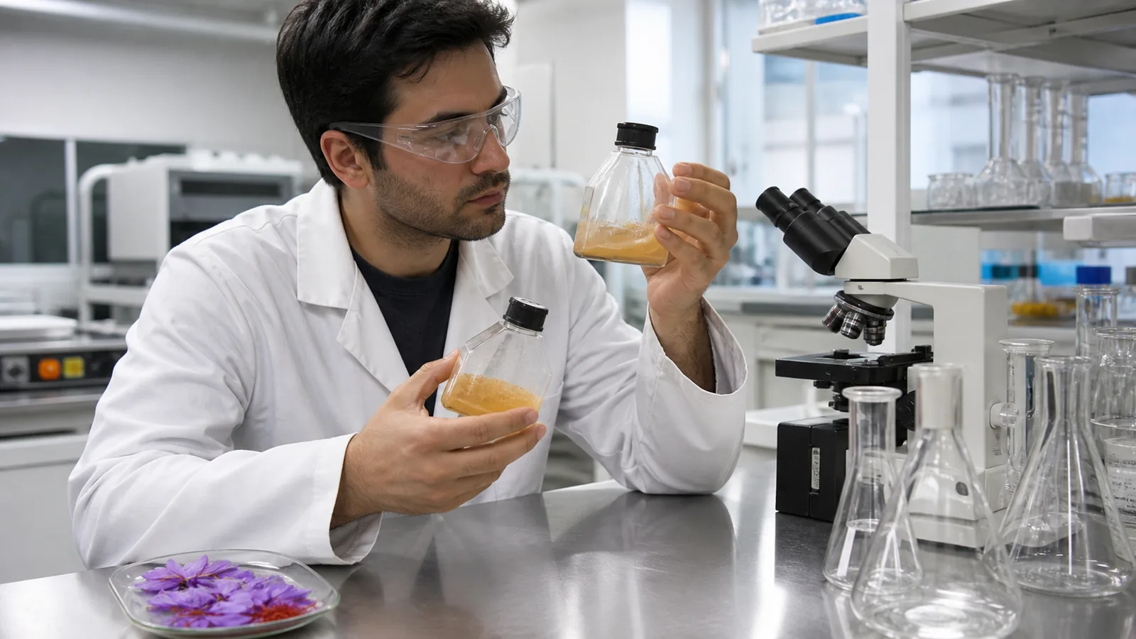 Researcher examining saffron cell cultures for crocin production