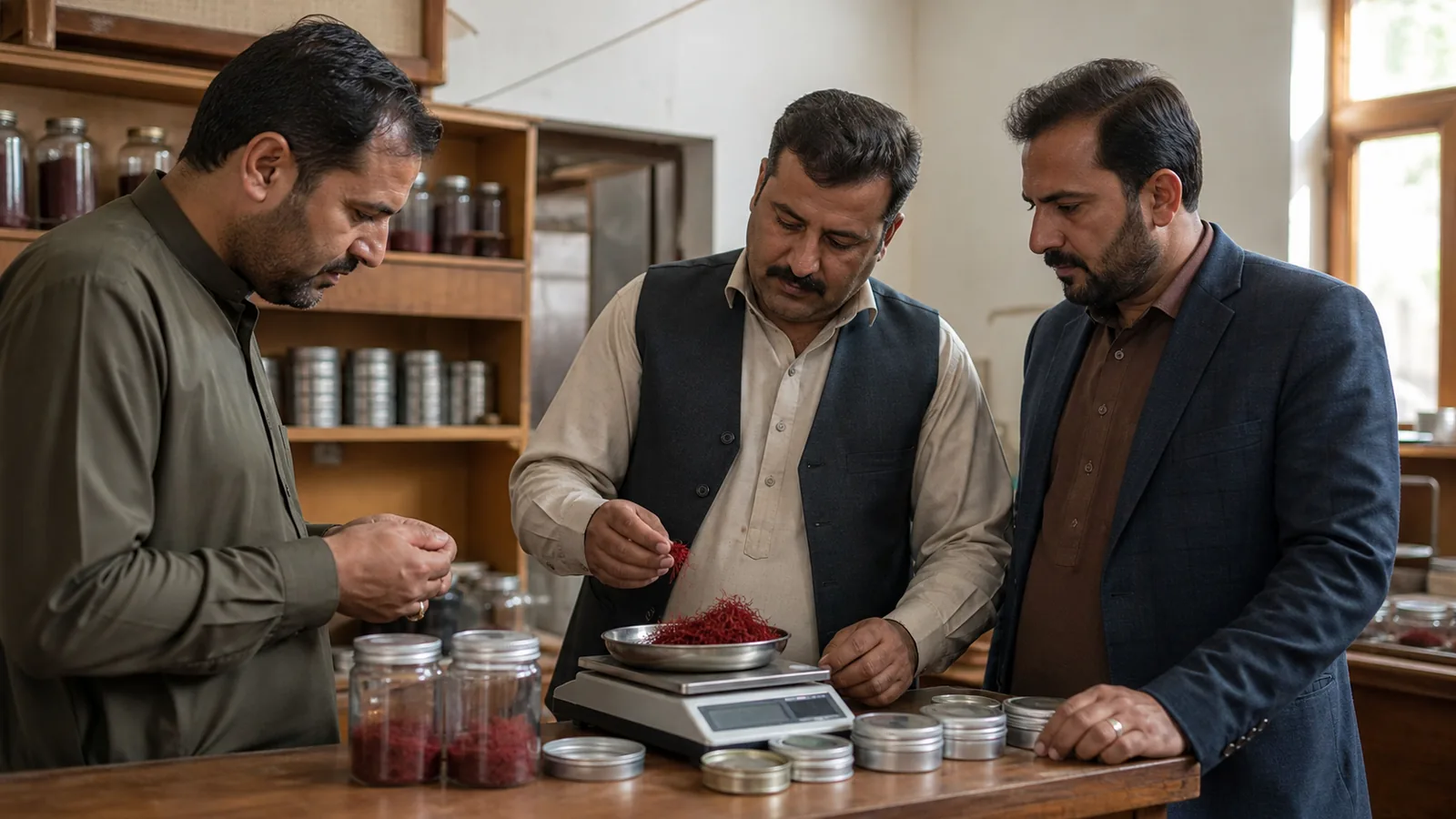 Saffron growers and buyers examining threads in a wholesale market