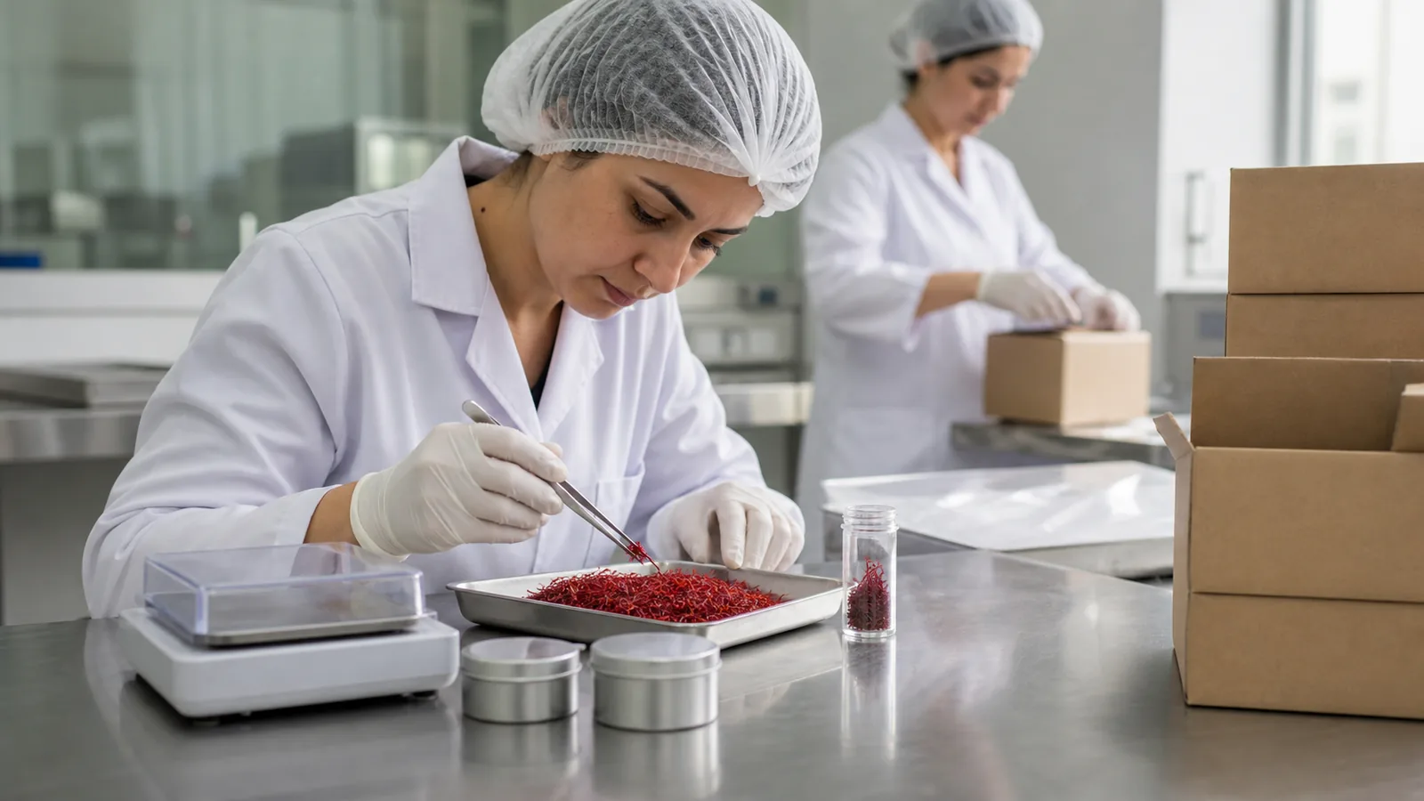 Quality technician inspecting Iranian saffron before export packing