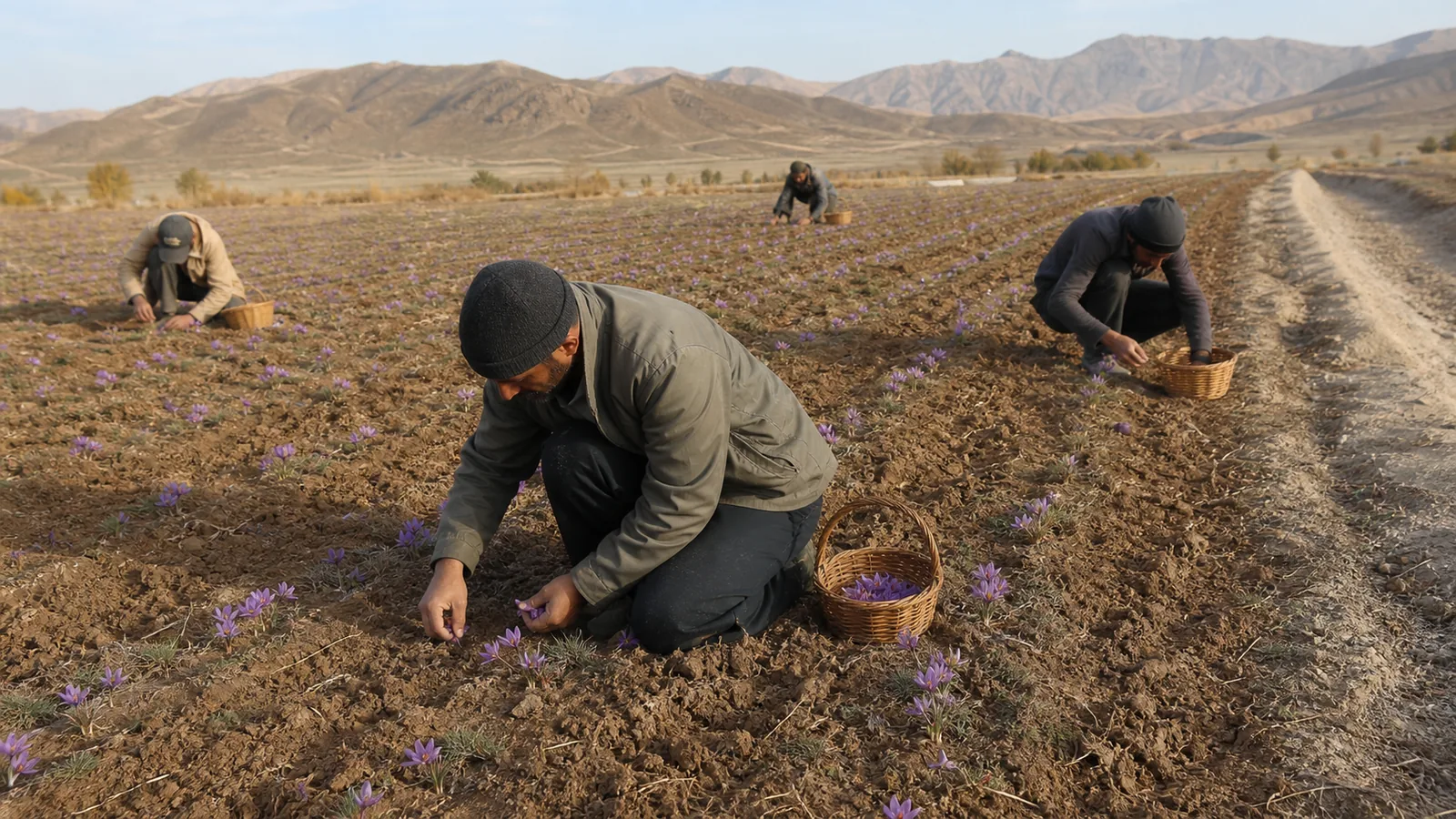 Workers harvesting a sparse saffron crop in dry Torbat Heydarieh fields