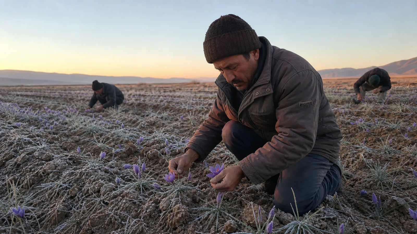 Farmer inspecting frost-affected saffron flowers in Khorasan Razavi