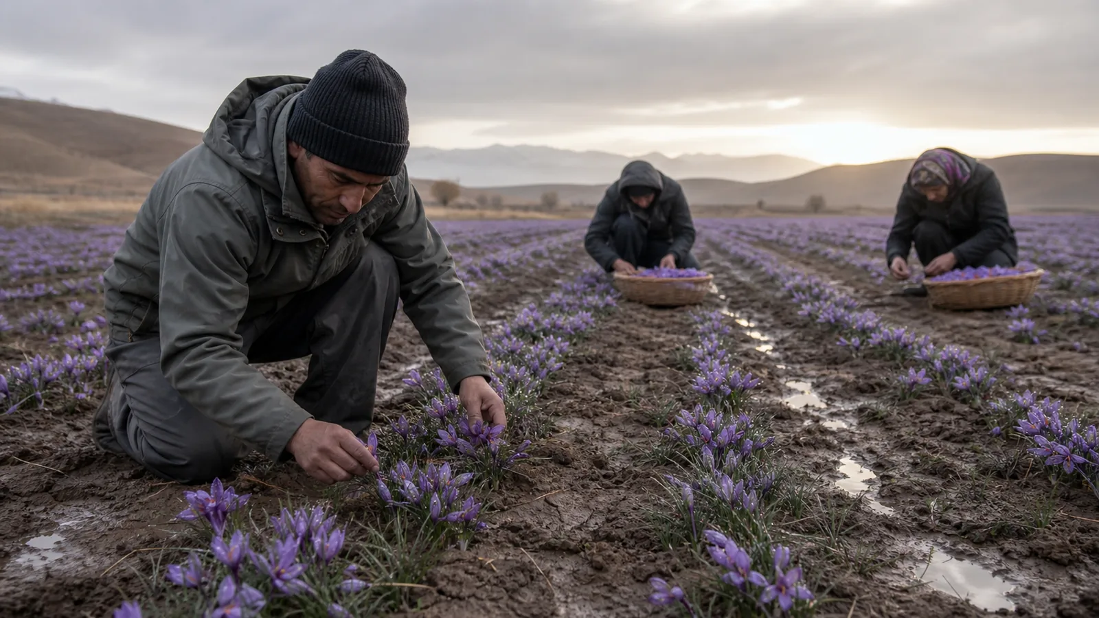 Grower checking rain- and frost-affected saffron flowers in Khorasan