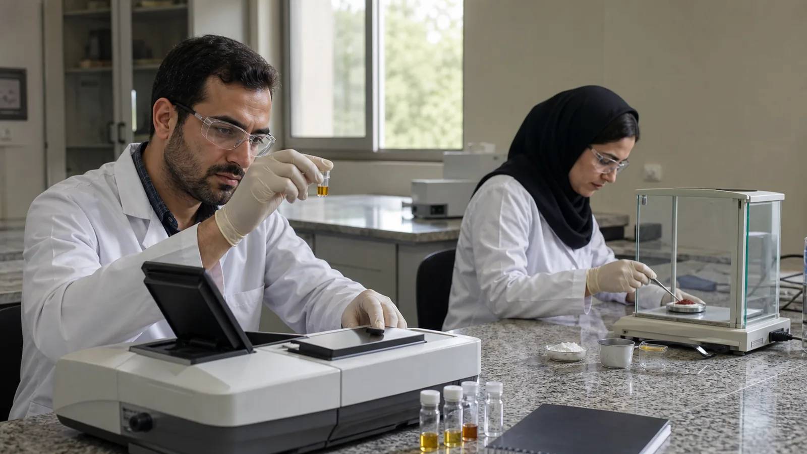 Researcher testing saffron samples in a Khorasan food laboratory
