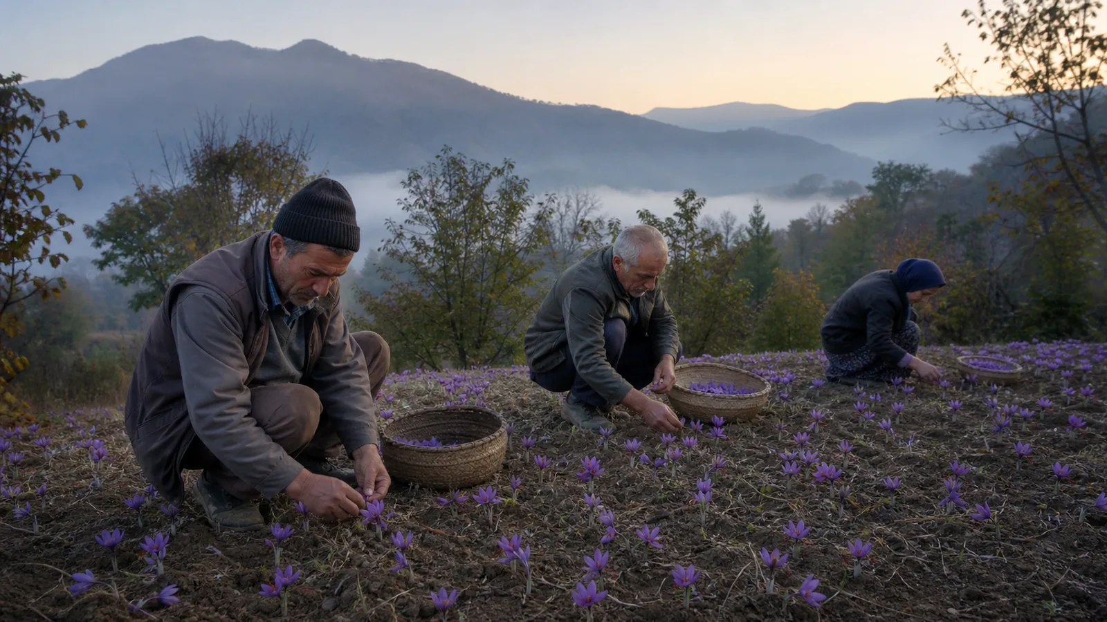 Farmers harvesting saffron at dawn in mountainous Behshahr