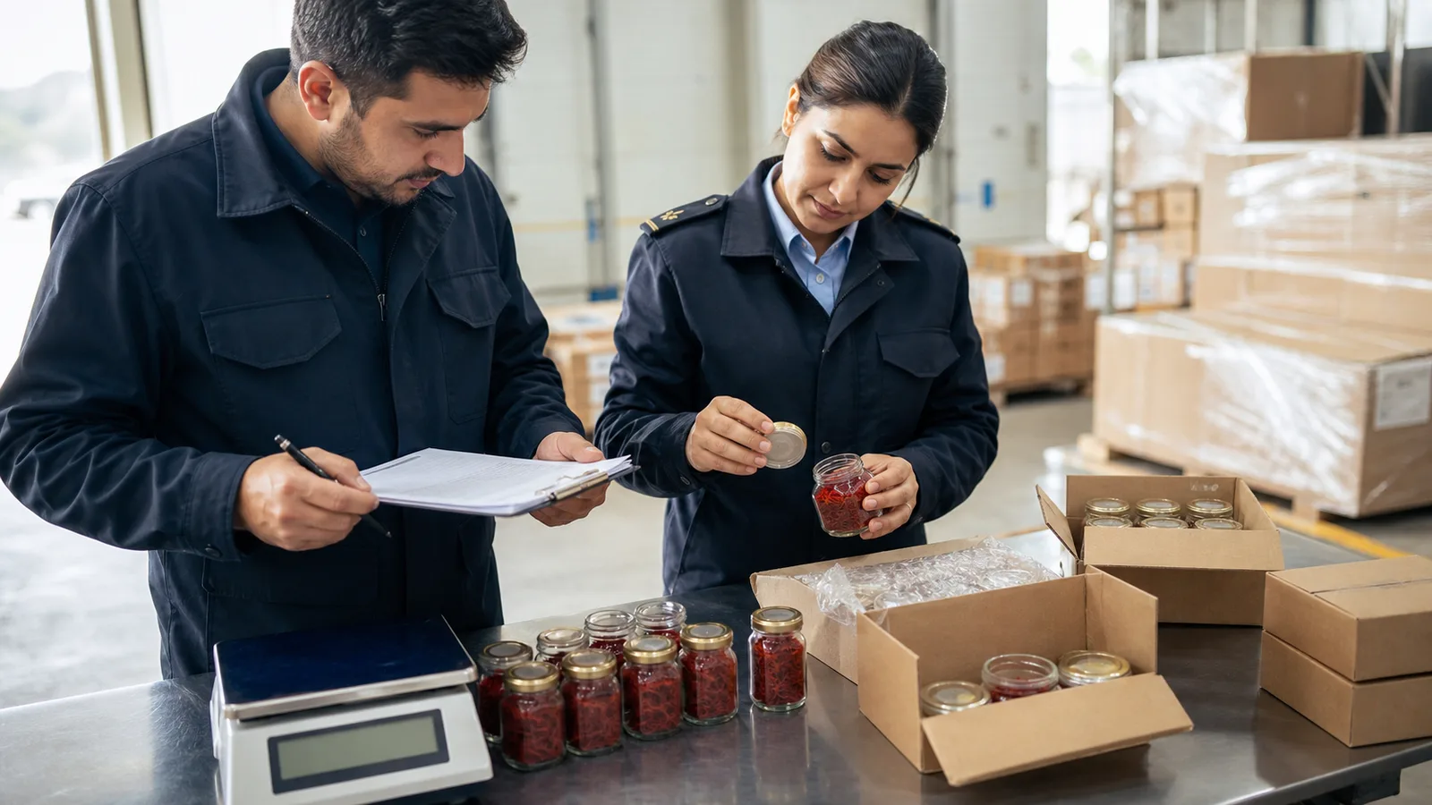 Sealed saffron packages being checked with export documents at a customs warehouse