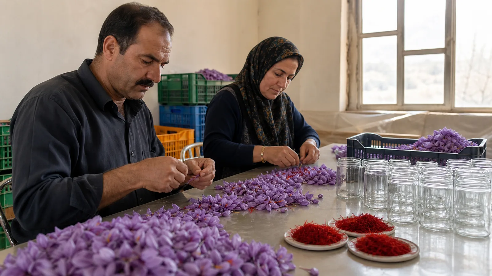 Lorestan saffron growers sorting fresh flowers beside packaged saffron
