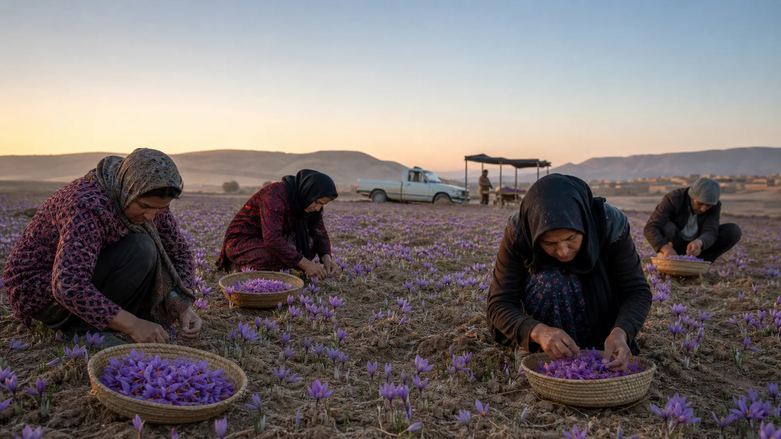 Saffron growers harvesting purple flowers near Torbat-e Heydarieh at sunrise
