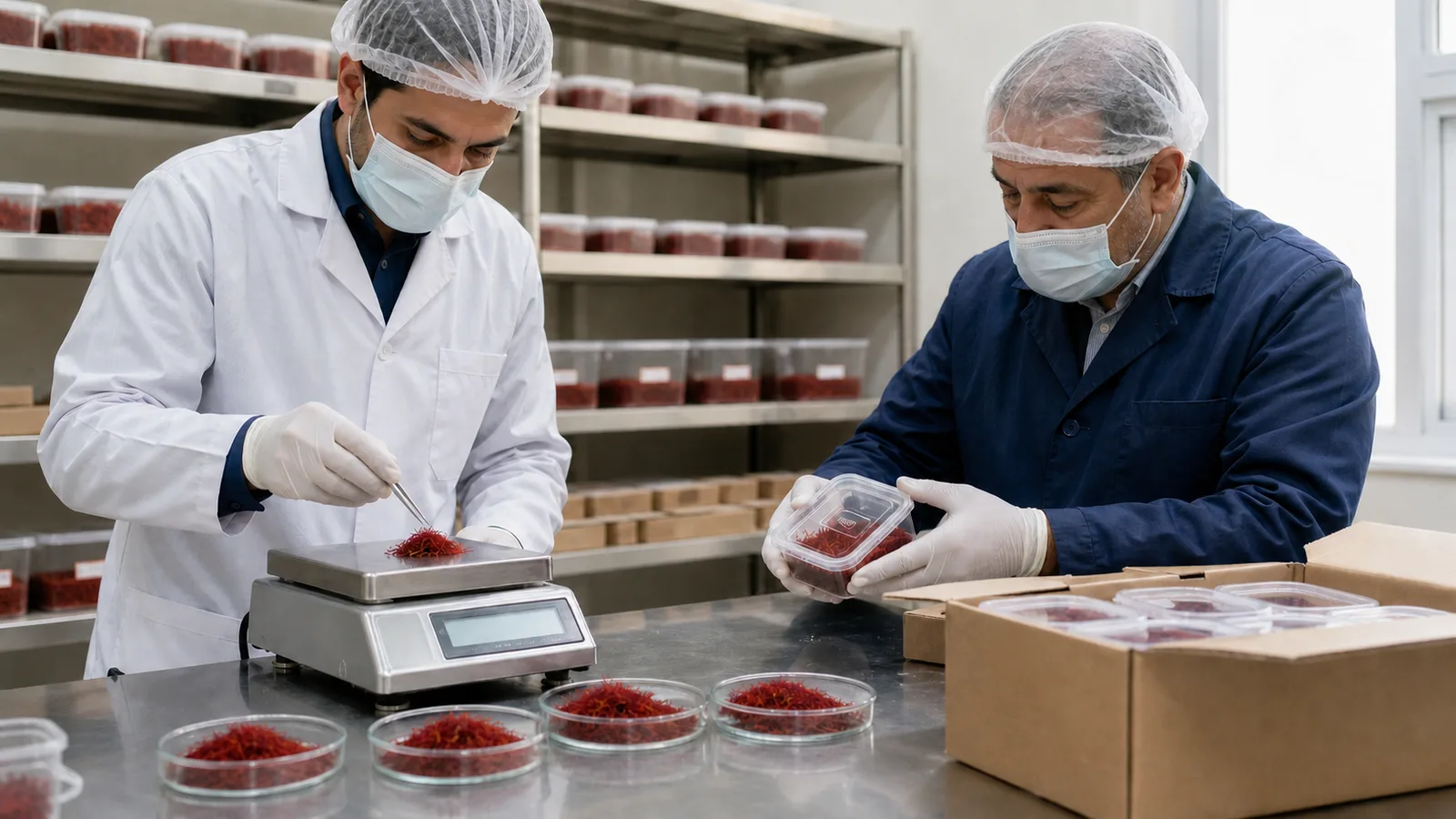 Graded saffron lots being weighed and sealed in a secure commodity warehouse