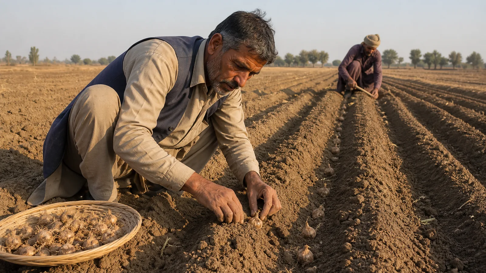 Healthy saffron corms being planted in well-drained prepared soil