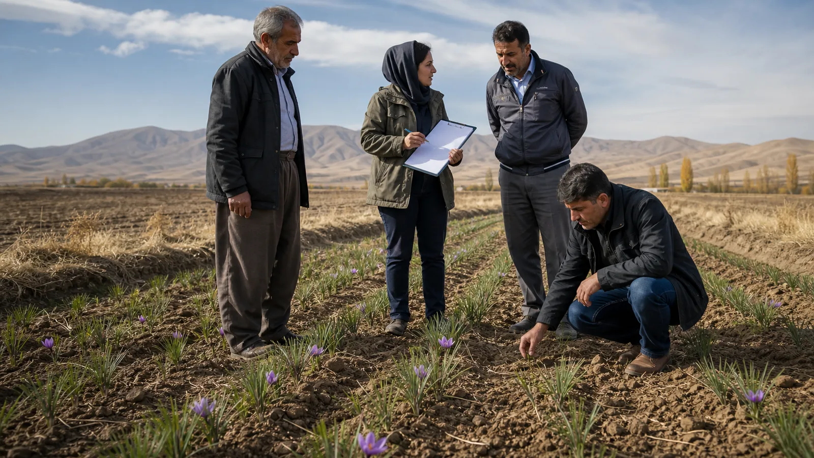 Farmers and agricultural advisers inspecting a small saffron trial field in Iran