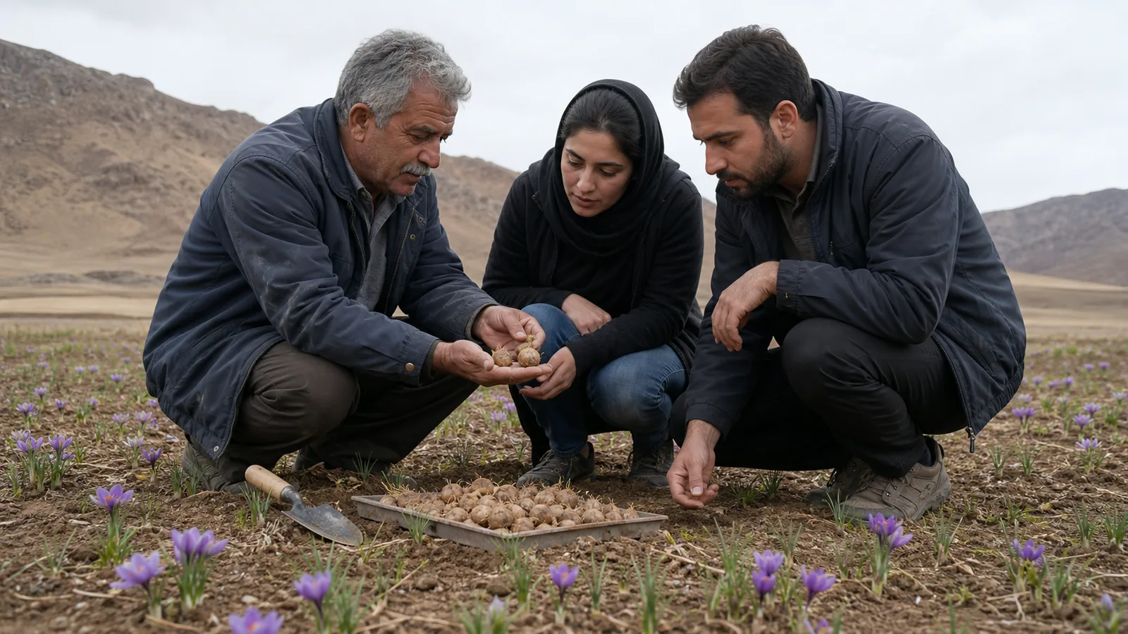 Young agricultural graduates learning saffron corm selection in a small Iranian field