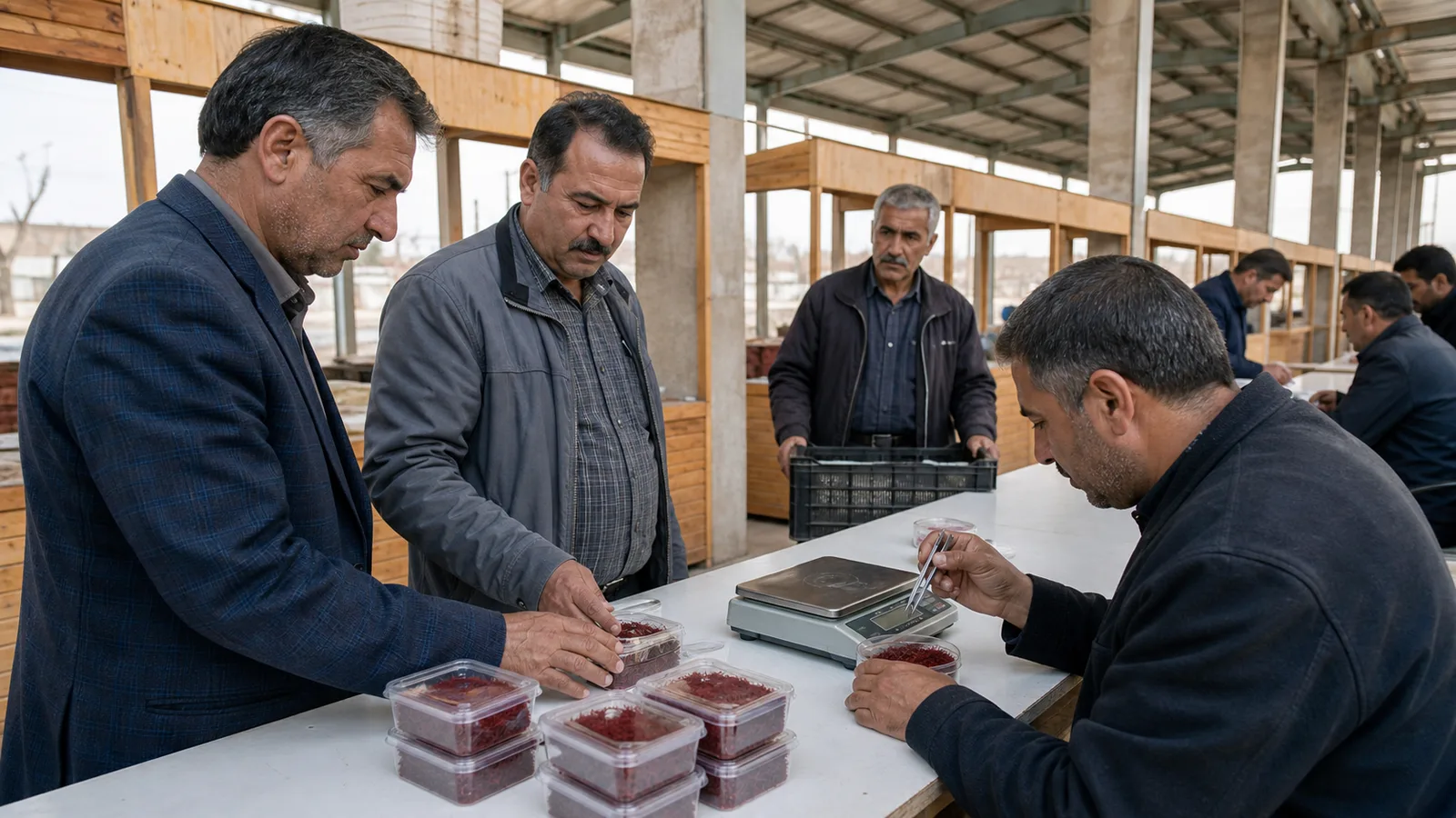 North Khorasan saffron growers presenting graded lots at a regional market