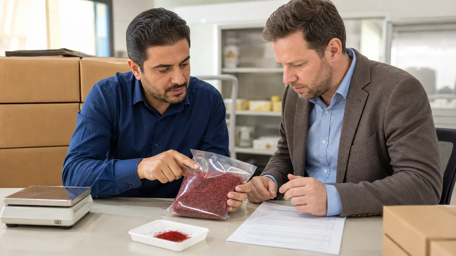 Iranian saffron exporter reviewing a sealed lot with a buyer