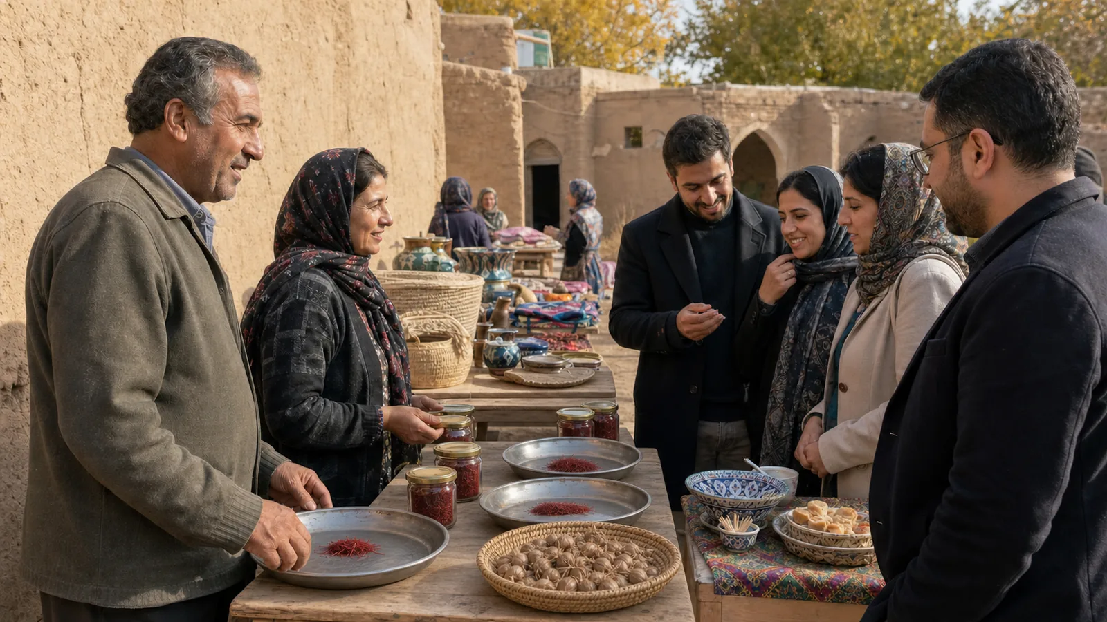 Rural saffron festival with growers, corms and dried threads