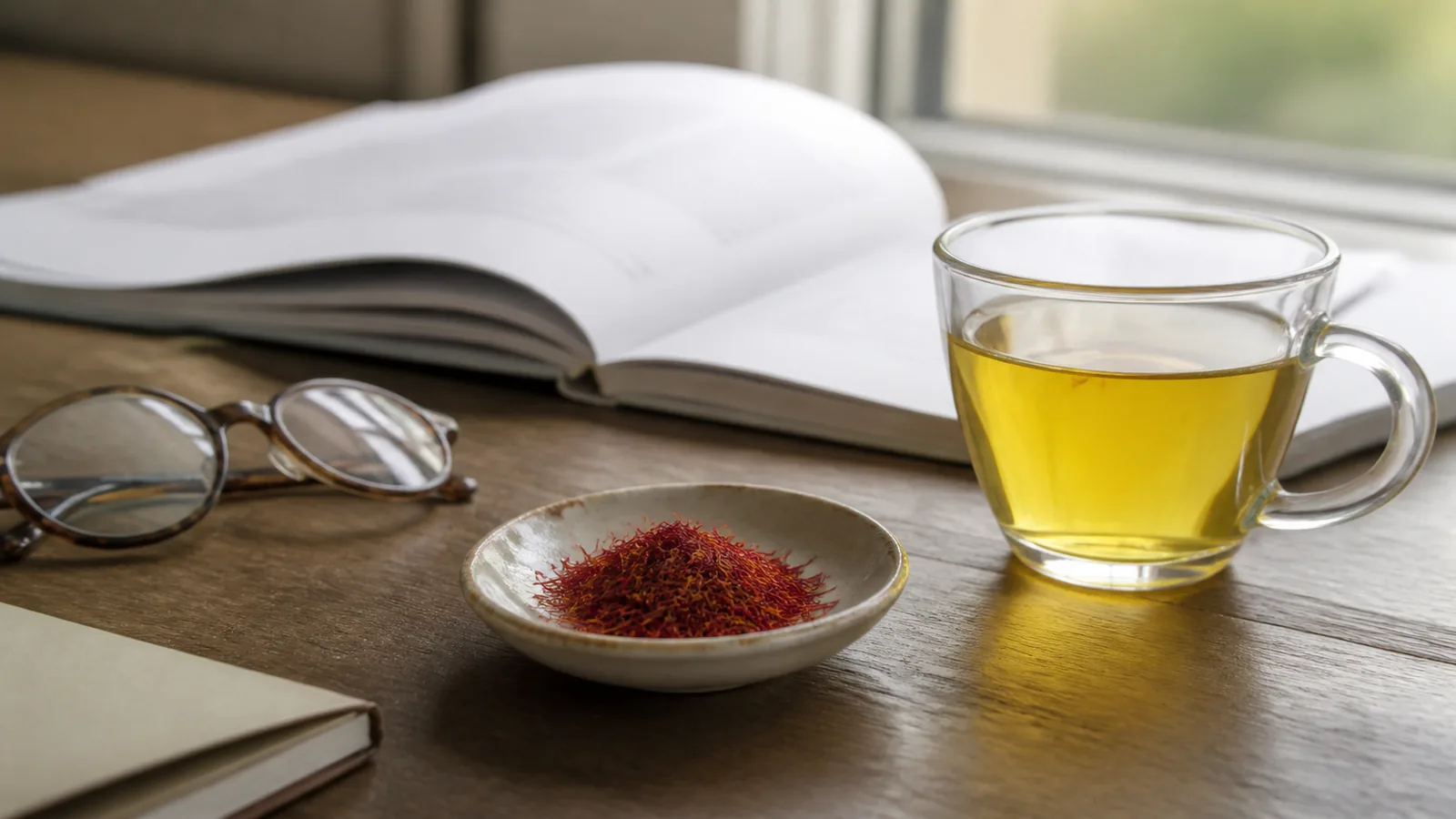 Saffron threads beside an open research journal and a cup of saffron infusion