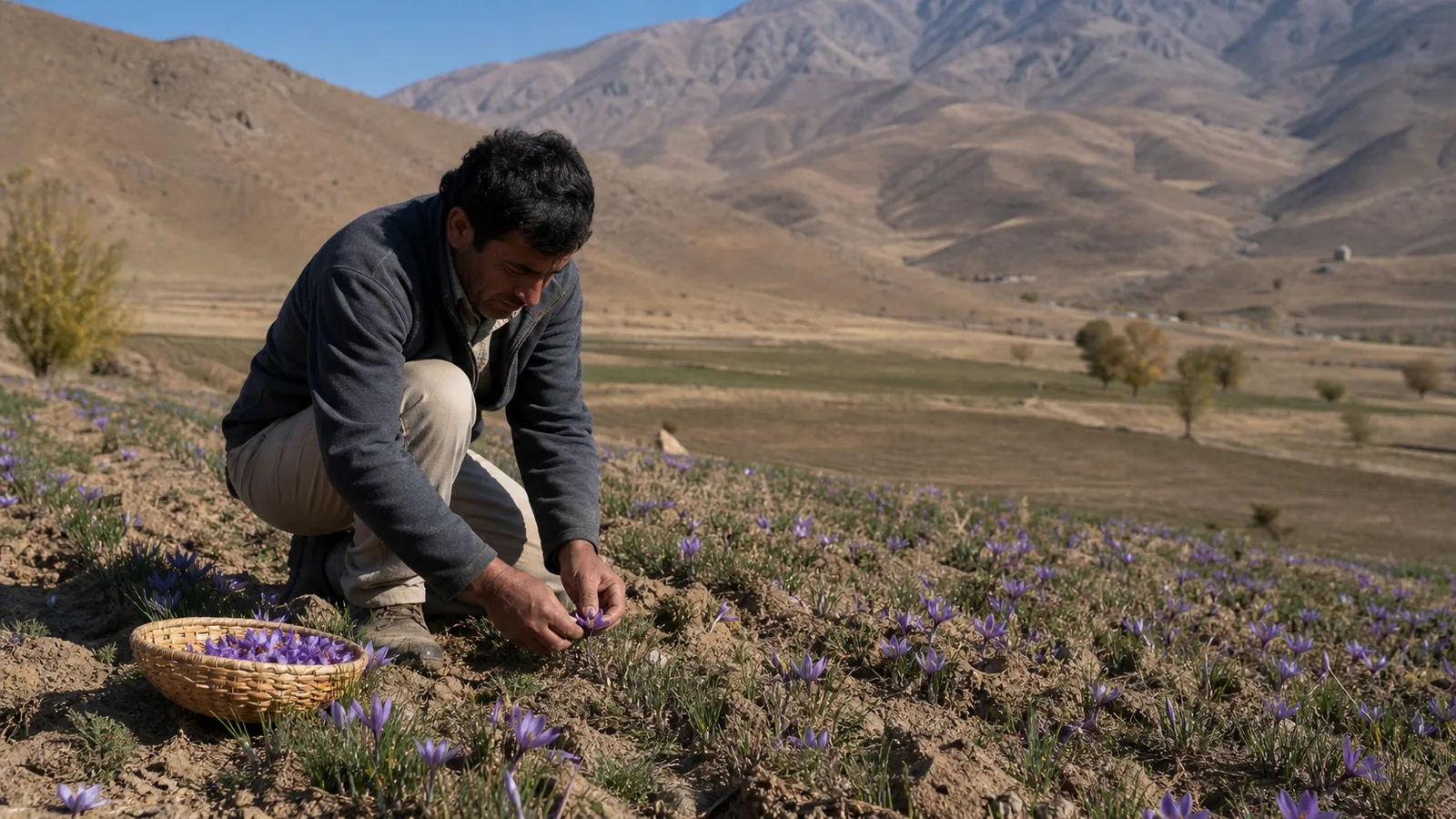A grower inspecting saffron flowers in a small field against a mountainous Iranian landscape