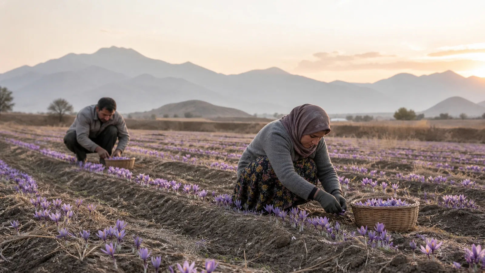 Saffron flowers being gathered by hand in an Iranian farm at harvest time