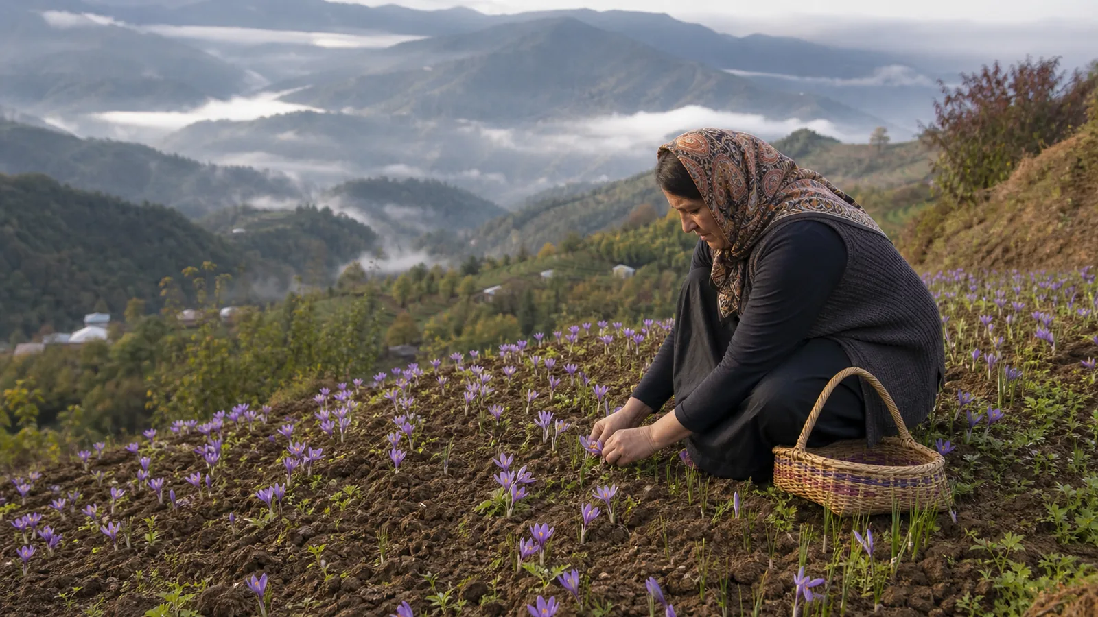 Saffron flowers growing on a small mountain farm above Gilan's green valleys