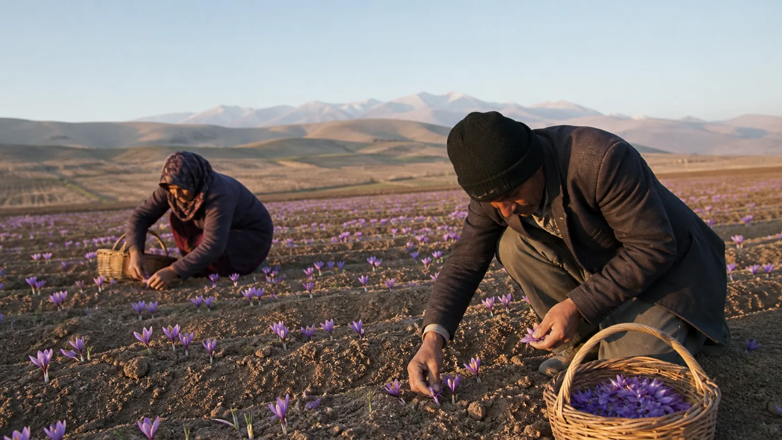 Workers hand-harvesting saffron flowers on a farm near Marand in northwestern Iran