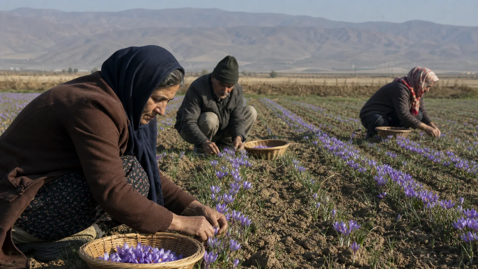 A small saffron harvest on farmland near Miandoab in northwestern Iran