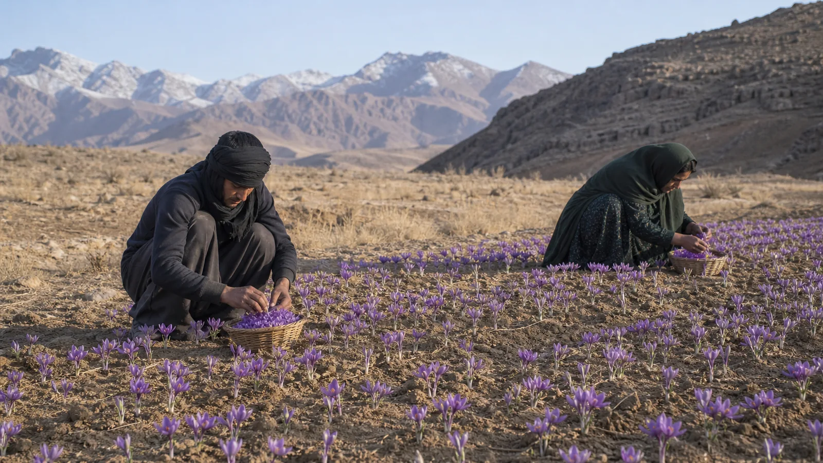 Saffron flowers being harvested on a highland farm in Kerman Province