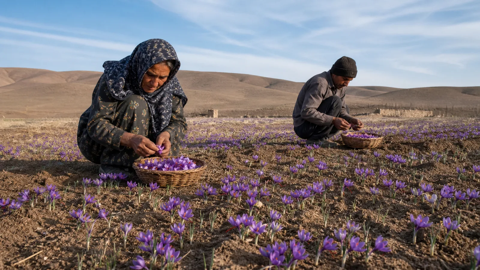 Farm workers gathering saffron flowers on a small Qom Province field