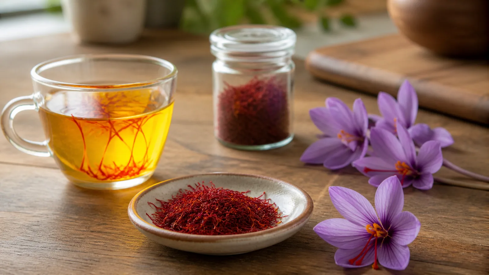 Saffron threads, flowers, and tea arranged for a practical health guide