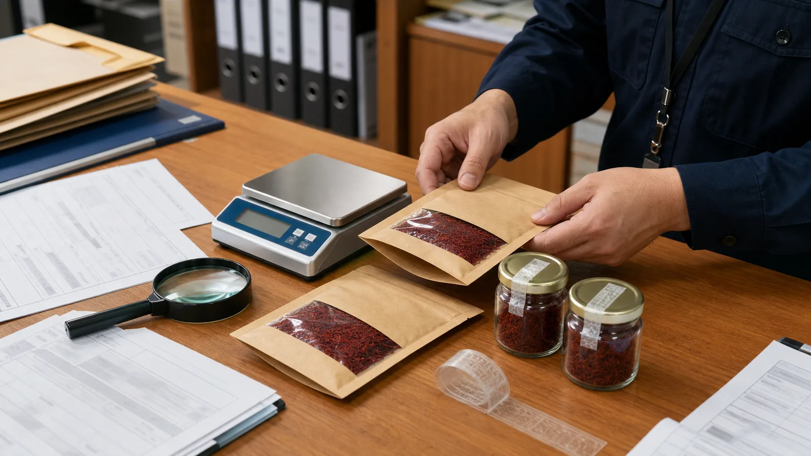 Sealed saffron packages beside customs documents for an import compliance review