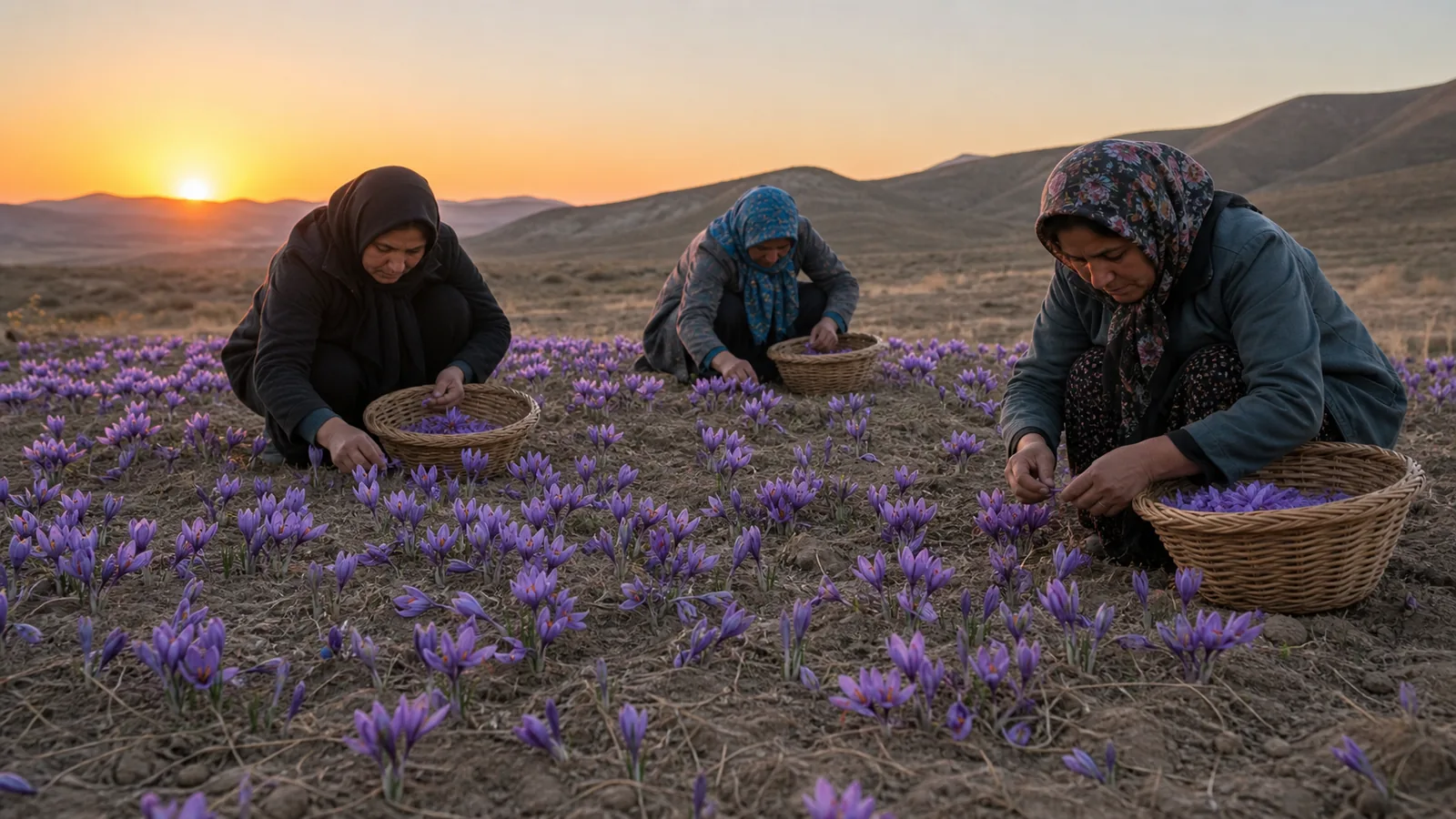 Saffron harvest in an Iranian field during the autumn flowering season