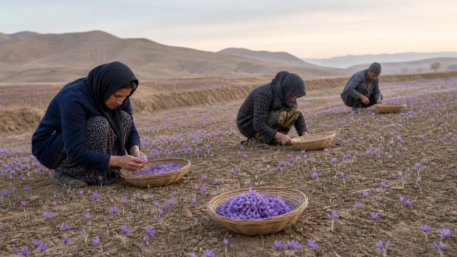 Khorasan saffron harvest with fresh crocus flowers gathered at dawn