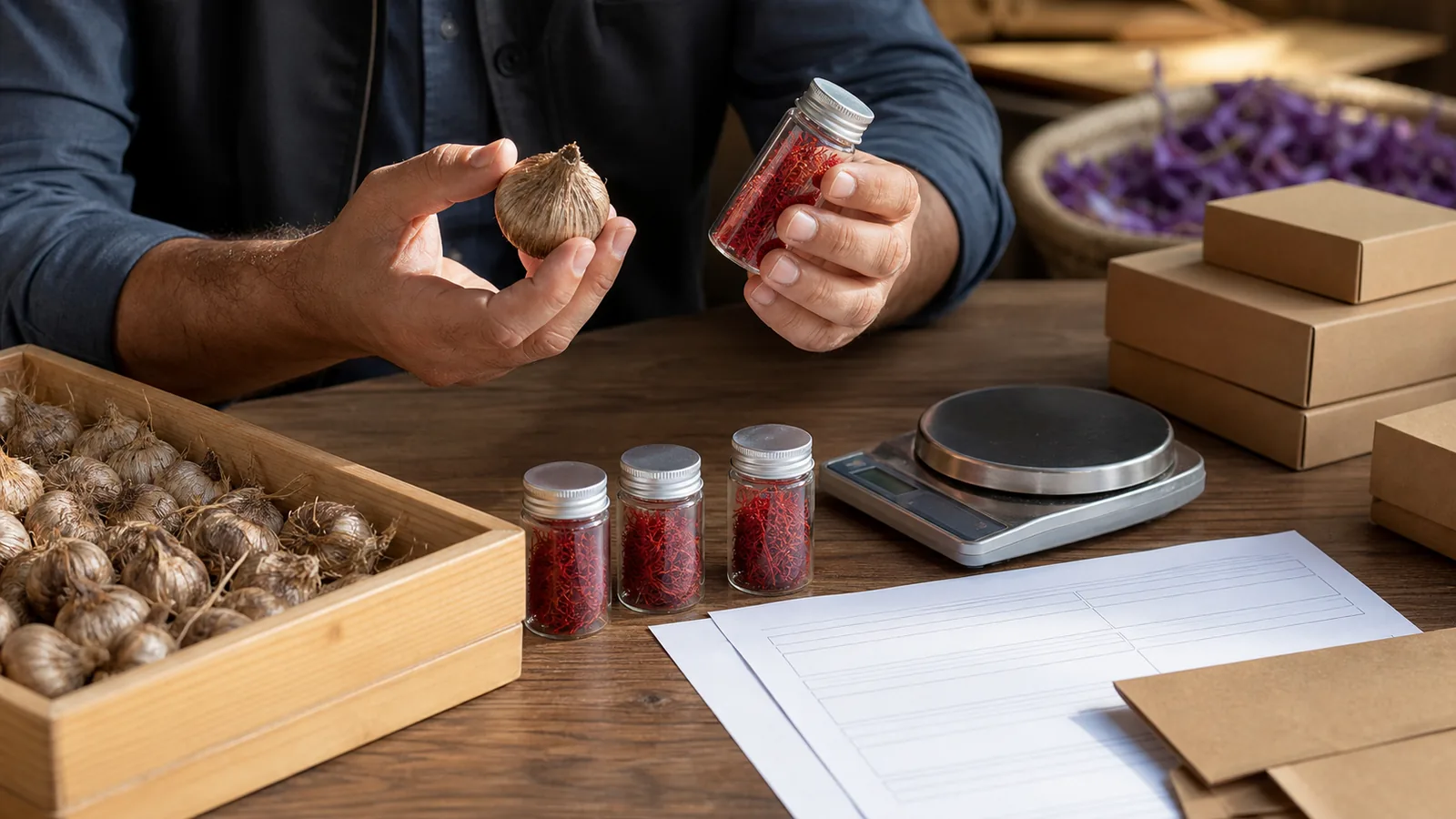 Iranian saffron corms, sealed thread samples and export records on a worktable