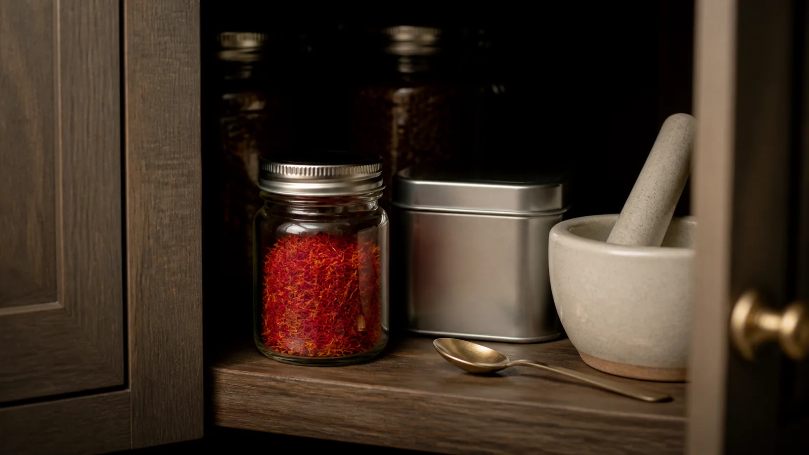 Whole saffron threads stored in a sealed glass jar inside a dark pantry