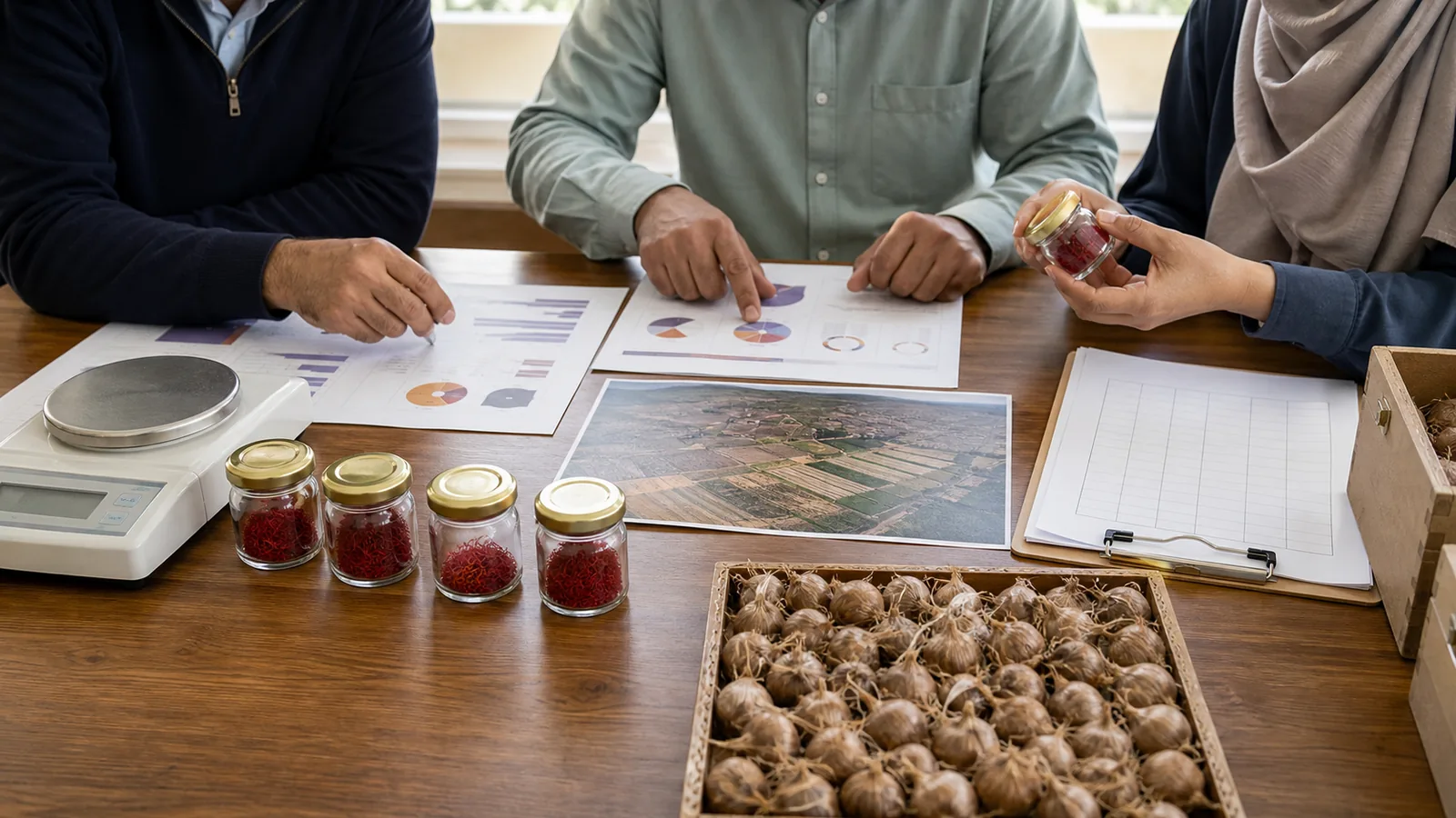 Saffron growers and market specialists reviewing crop samples and production maps