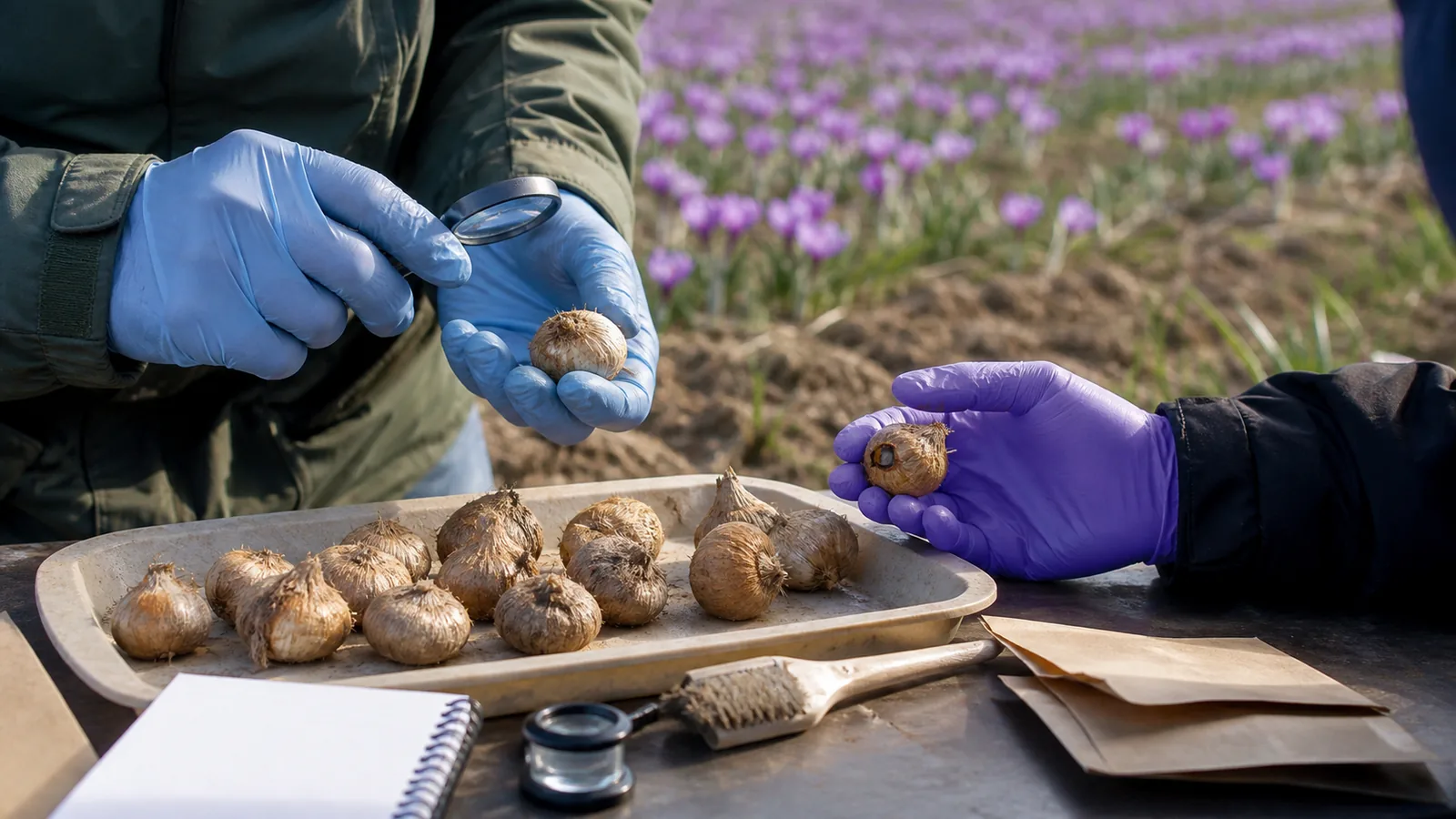 Grower inspecting healthy and damaged saffron corms in a field