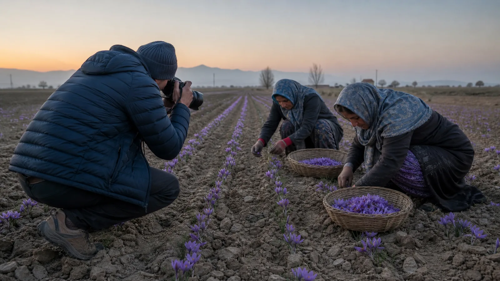 Photographer documenting women harvesting saffron flowers in Khorasan
