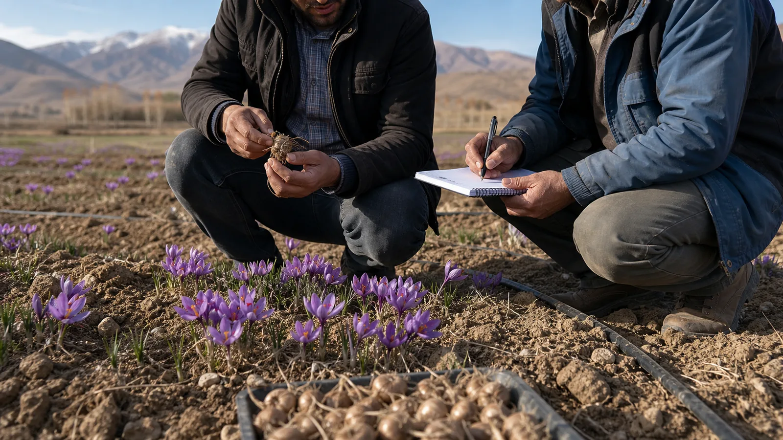 Saffron agronomist inspecting flowers and corms in a mountain field